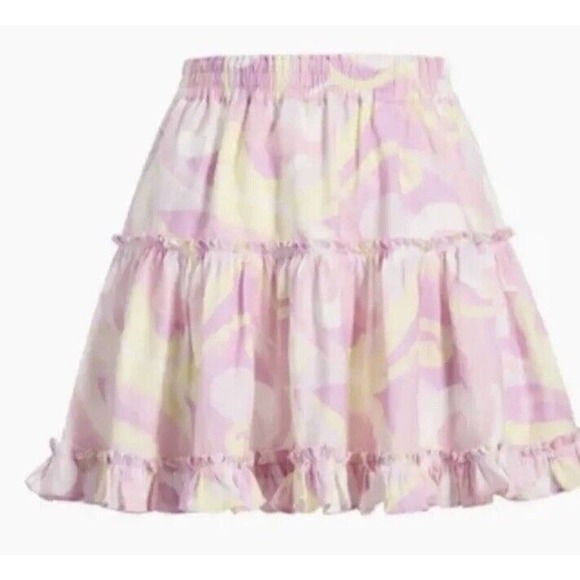 NWT Hill House The Paz Skirt Mini Candy Kaleidoscope Pink LINEN Ruffle M - Picture 2 of 4